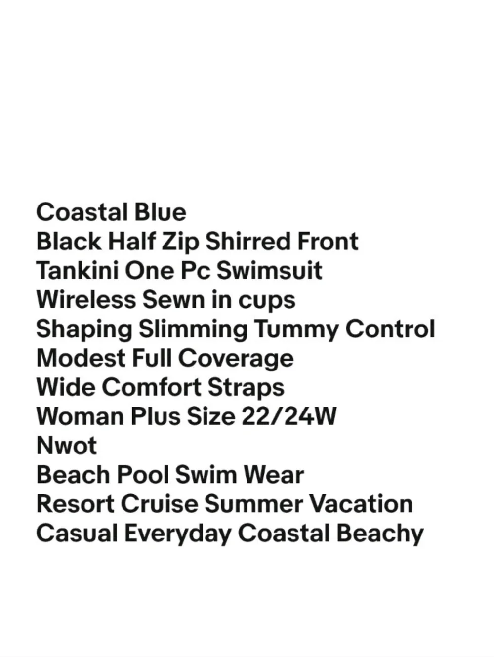 Coastal Blue Shirred Zip Front Swimsuit Sz 22/24W Black Wireless Tummy Control